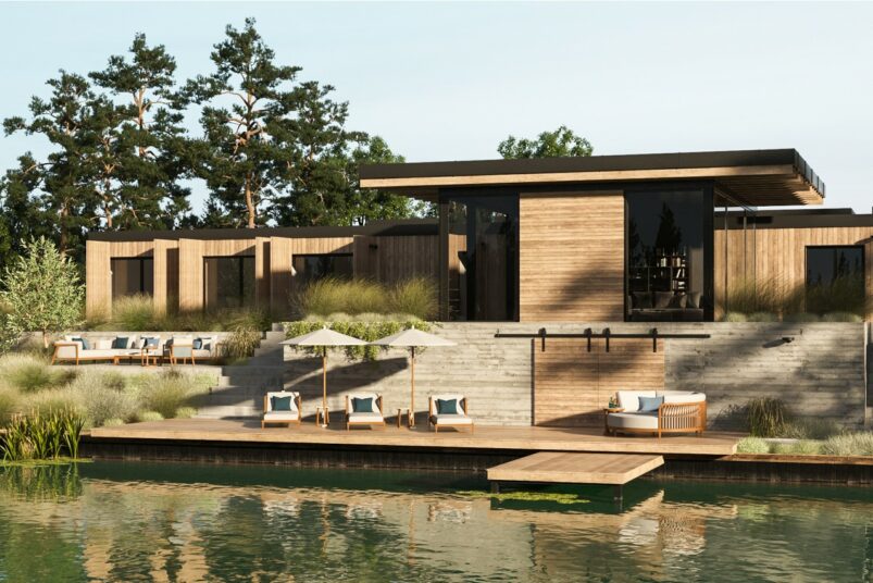 outdoor loungers and sofa at lakeside house in the netherlands