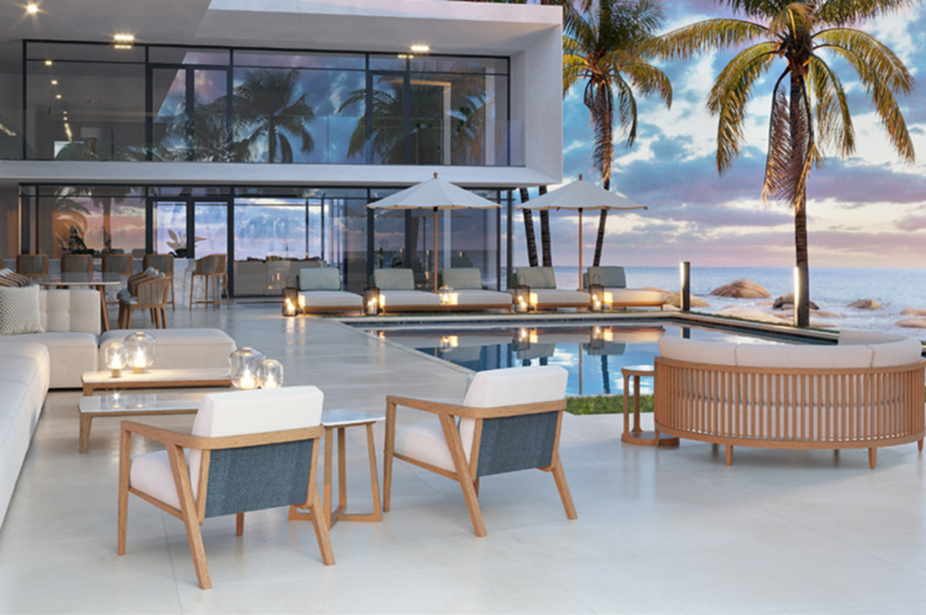 luxury chairs and loungers by hotel swimming pool